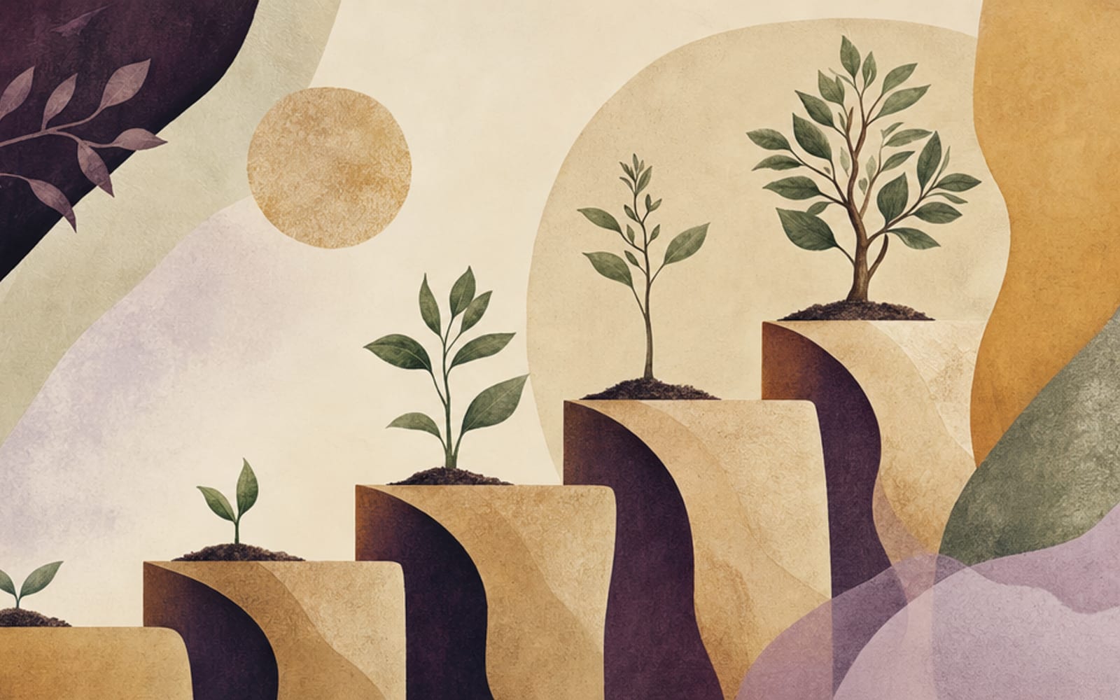 Illustration von fünf aufsteigenden Terrassenstufen mit wachsenden Pflanzen, dazu eine weiche Siegel-Form als runder Stempel in Sand, Ocker und Pflaume