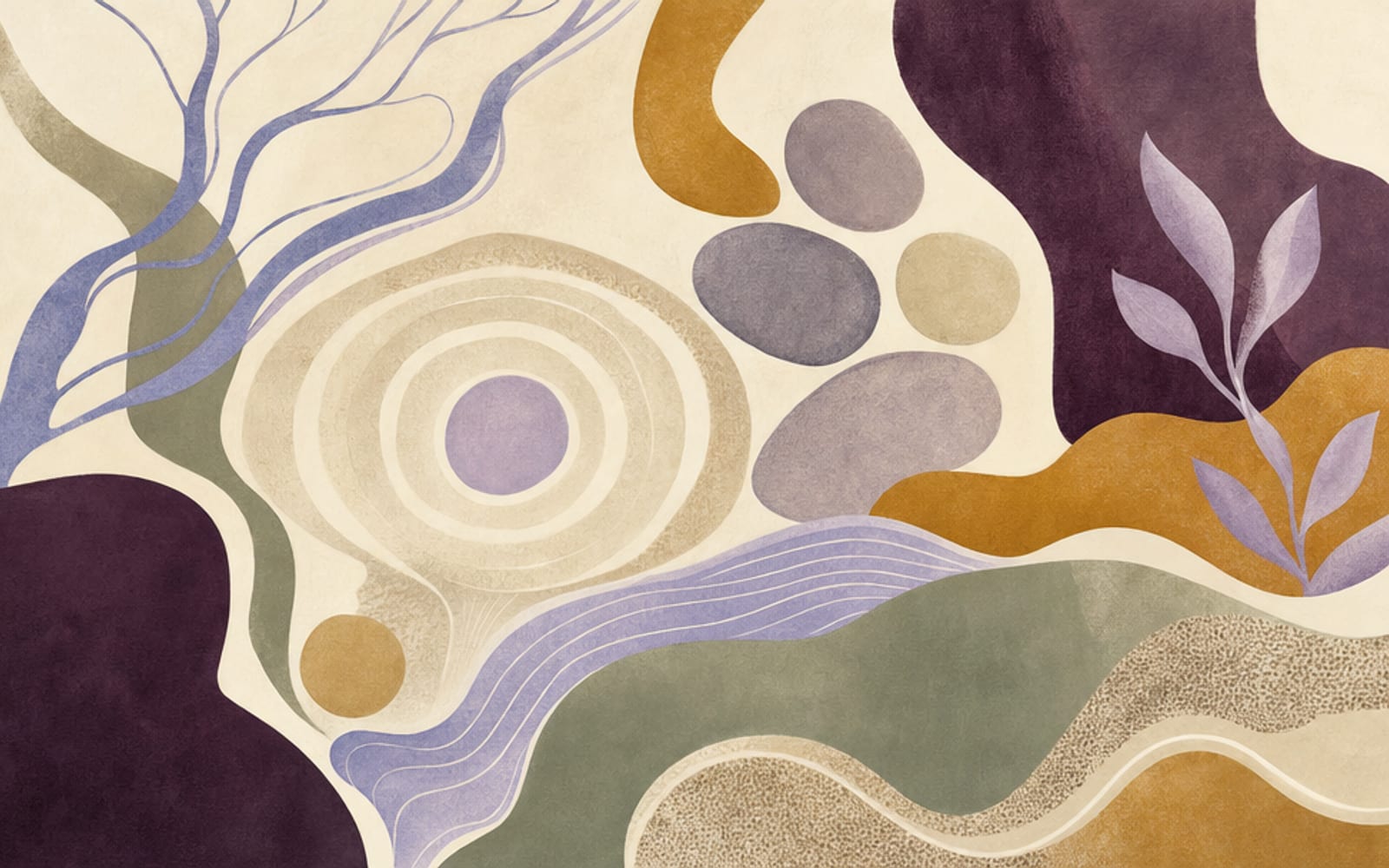 Illustration konzentrischer Atemwellen, organischer Nervenbahnen und ruhiger Flusskiesel in Salbei, Gold, Lavendel und Pflaume auf warmem Elfenbein