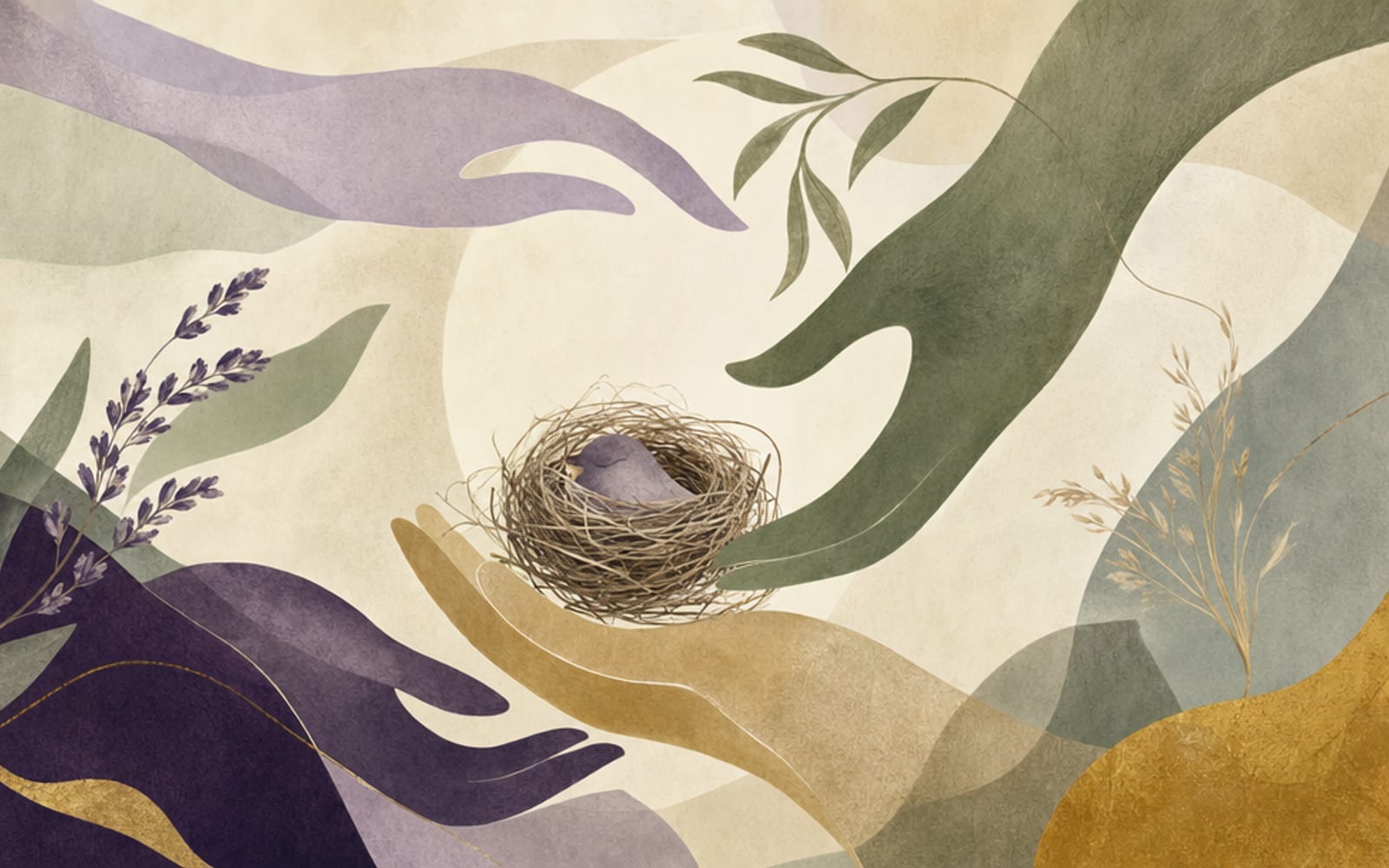 Illustration eines Staffelstabs aus Bogenformen, die ein geschütztes Nest weiterreichen, mit entstehendem Freiraum in Salbei und Lavendel