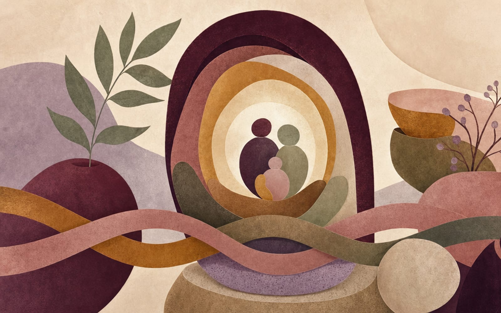 Illustration verschachtelter schützender Bogenformen, tragender Gefäße und sanfter Bänder in Weinrot, Goldocker, Salbei und Lavendel auf warmem Elfenbein