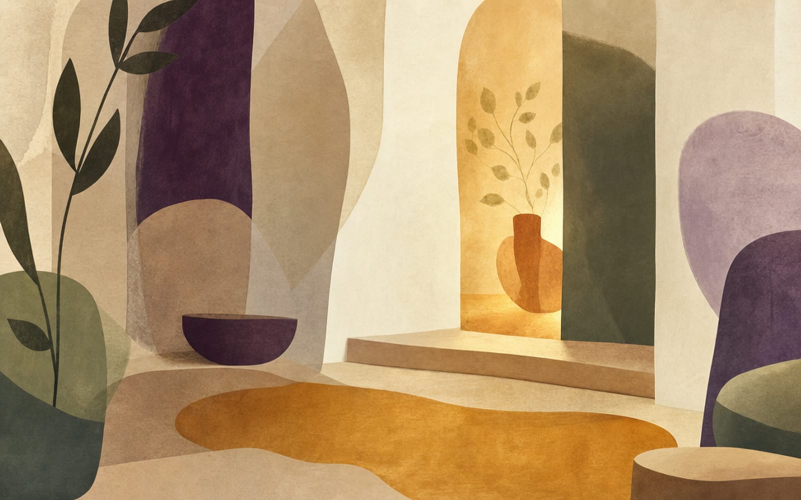 Illustration eines Wohnraums aus weichen Architekturblöcken mit hervorgehobener Stufenkante und losen Teppichform, warmes Licht in Ton und Oliv